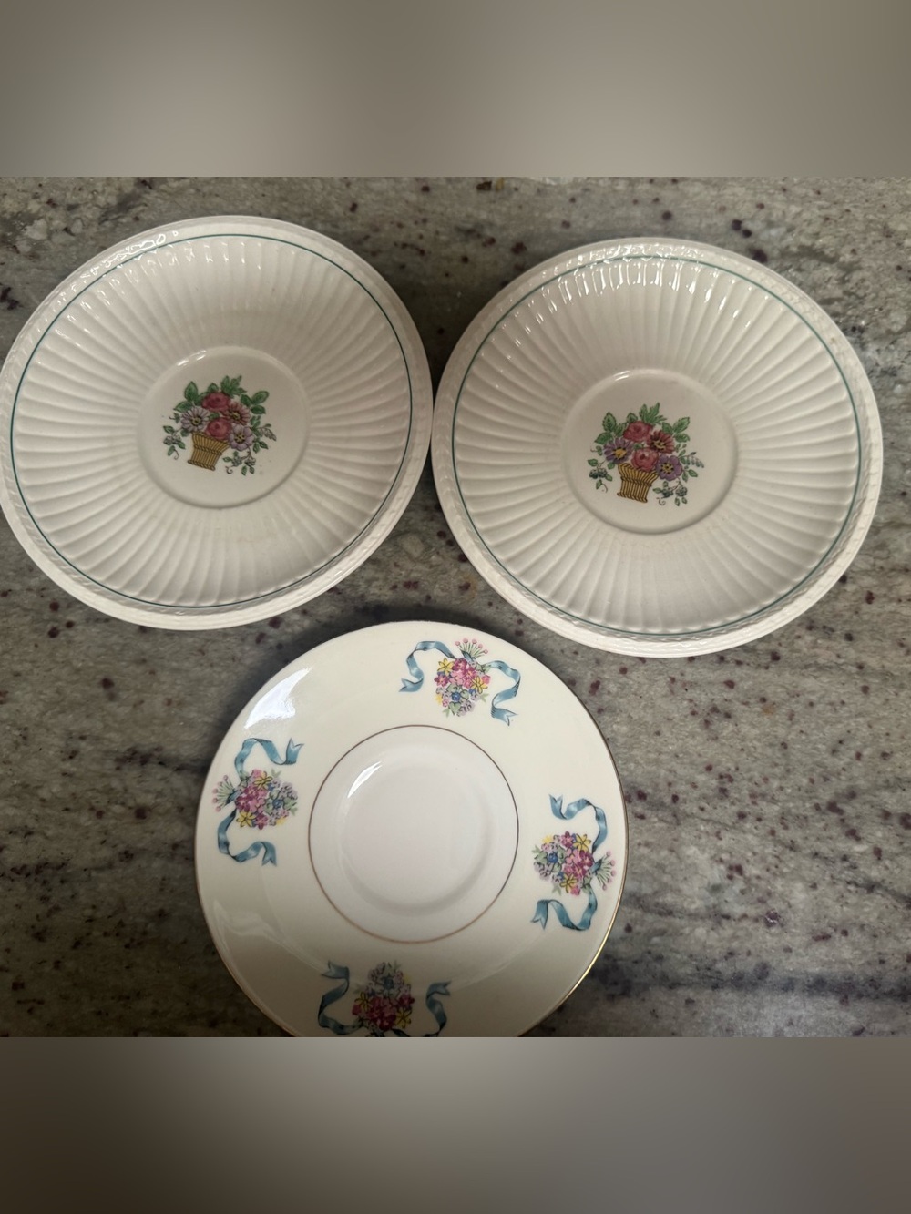 Wedgwood White Saucer Set with Blue Ribbon and Multicolor Floral Baskets